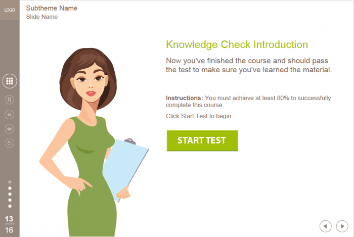 Pre-Test Slide with Vector Character — Lectora Course Player