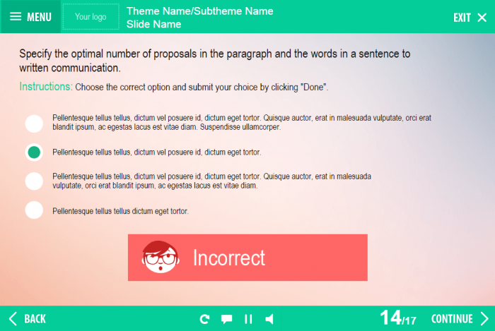 Incorrect Answer Single Choice Quiz — e-Learning Course Player based on Lectora Publisher