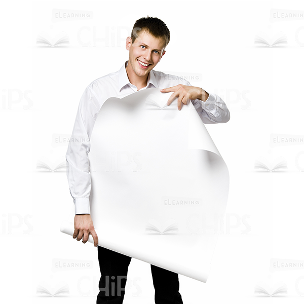 Smiling businessman presenting a poster -0