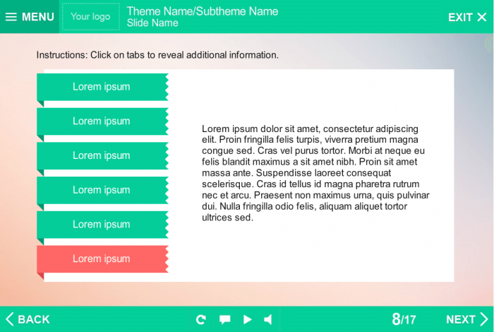 Green Tabs on Colorful Background — eLearning Template for Articulate Storyline