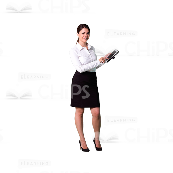 Smiling cutout girl character holding tablet-0