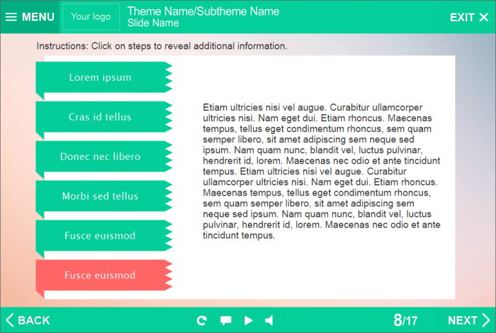 Green Tabs on Colorful Background — eLearning Template for Lectora Publisher