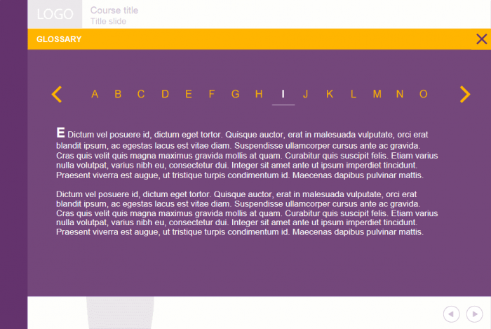 Purple Glossary Page — Lectora Publisher Template Set