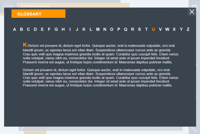 Dark Gray Glossary Page — Lectora Publisher Template Set
