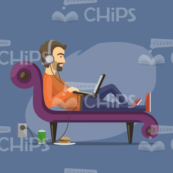 Bearded Vector Character With Laptop Lying On Sofa-0