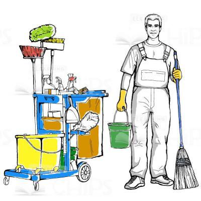 Hand-Drawn Cleaning Man With Equipment Vector Character-0