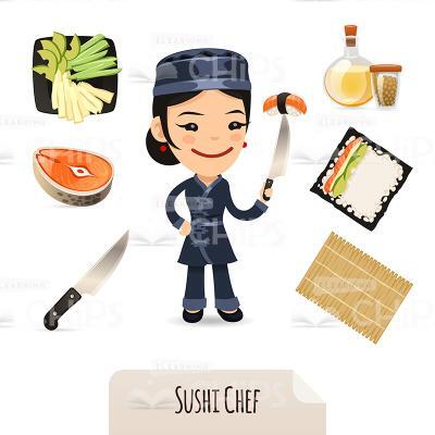 Female Sushi Chef With Icons Vector Character-0