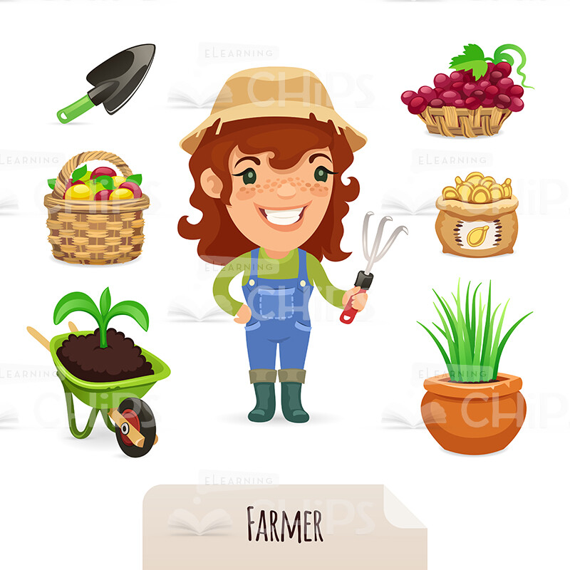 Pretty Female Farmer With Equipment Icons Vector Character-0