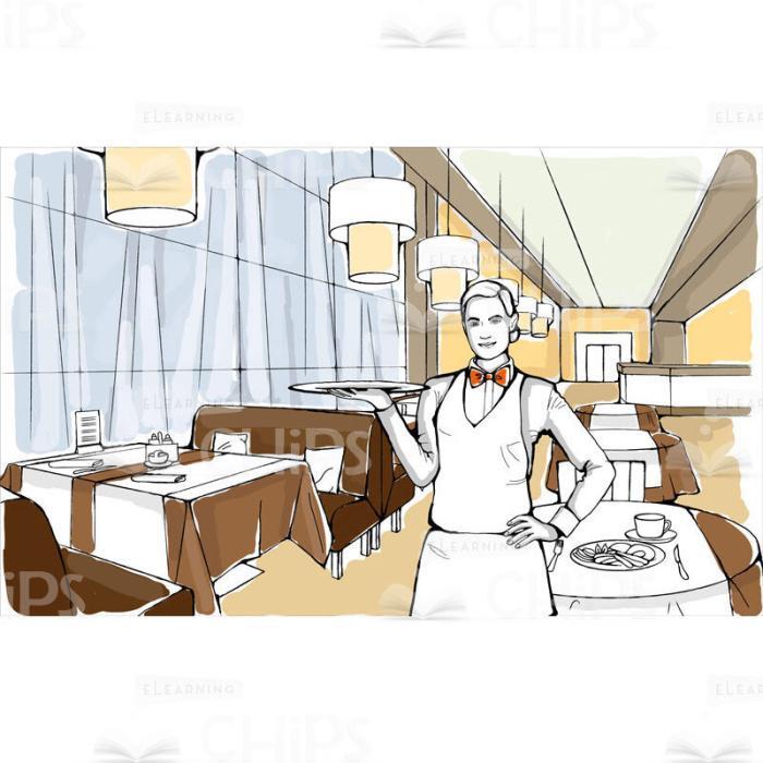 Restaurant Hall With Hand-Drawn Waitress Vector Background-0