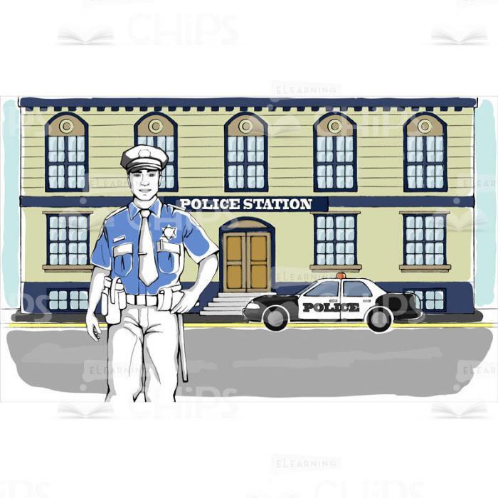 Officer Stands In Front Of Police Station Vector Background-0