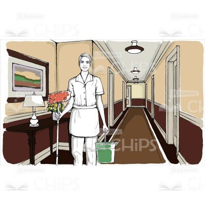 Hotel Corridor Vector Background With Hand-Drawn Character-0