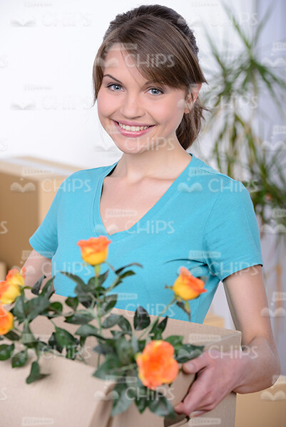 Close Up Stock Photo Of Happy Woman with Cardboard Box