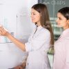 Two Women Drawing Graph On Flipchart Stock Photo