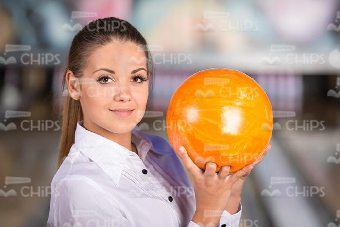 Close Up Stock Photo Of Cute Woman Holds Bowling Ball