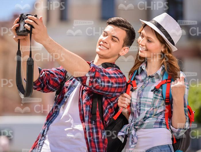 Two Young Tourists Taking Selfie On Camera Stock Photo