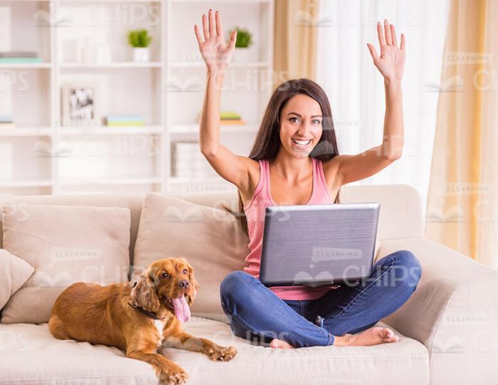 Woman With Laptop Raising Hands Up While Sitting On Sofa With Dog Stock Photo