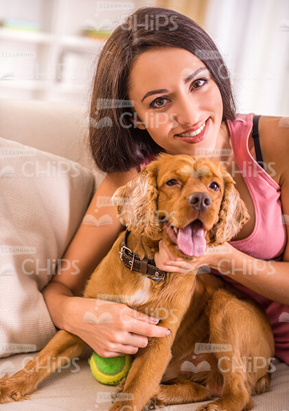 Young Woman Plays With Dog At Home Stock Photo