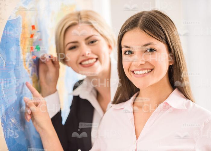 Close Up Stock Photo Of travel Agent And Smiling Female Client