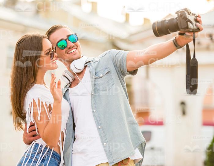 Smiling Man Taking Selfie With Girlfriend Stock Photo