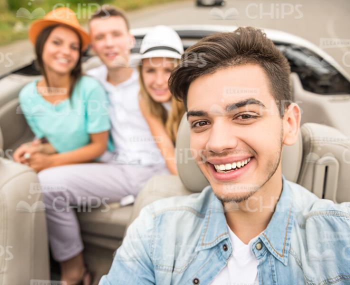 Smiling Man Driver Takes Selfie In Cabriolet Car Stock Photo