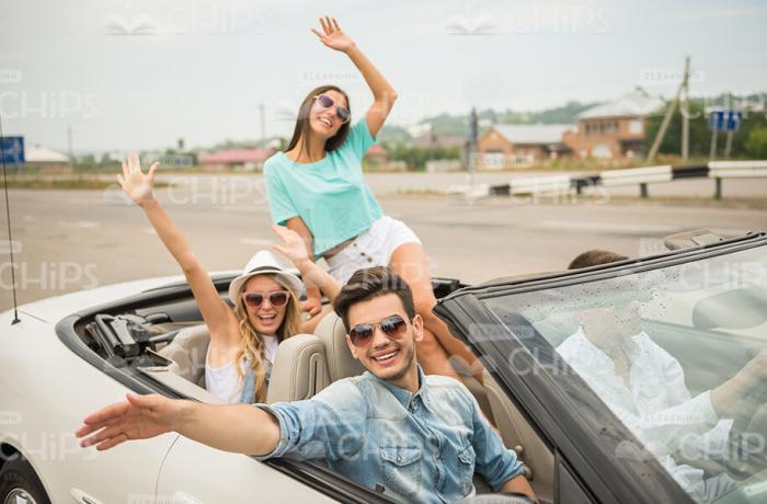 Happy People In Car Ready To Drive Stock Photo