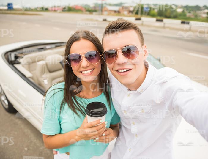 Young Couple With Coffee Taking Selfie Together Stock Photo