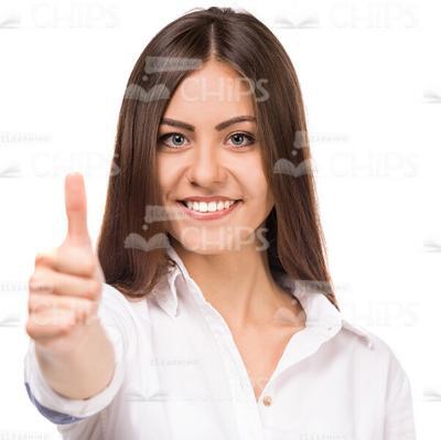 Smiling Young Woman Showing Her Thumb Up Stock Photo White Background