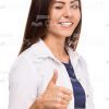 Smiling Woman Making Thumb Up Gesture Stock Photo White Background