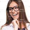 Young Woman In Eyeglasses Laughing White Background Stock Photo