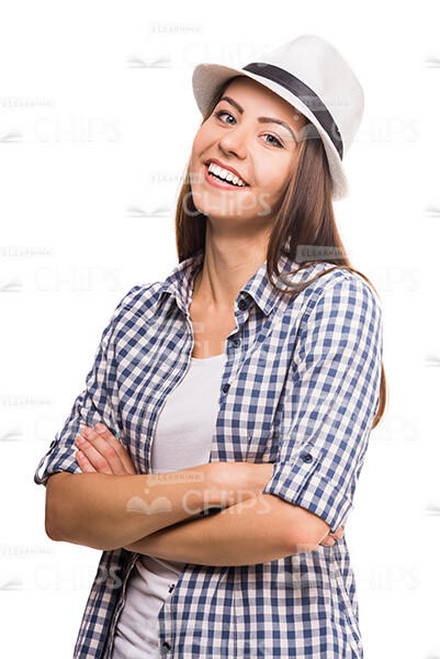 Smiling Woman Crosses Hands And Slightly Tiltes Head Stock Photo White Background