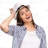 Happy Young Girl Wearing Hat Stock Photo On White Isolation