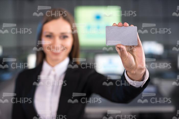 Woman Showing Business Card Sample Stock Photo