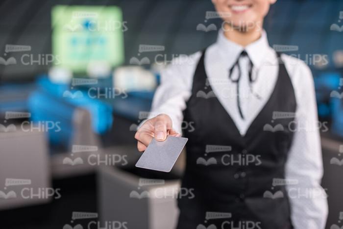 Female Character Giving Empty Business Card Stock Photo