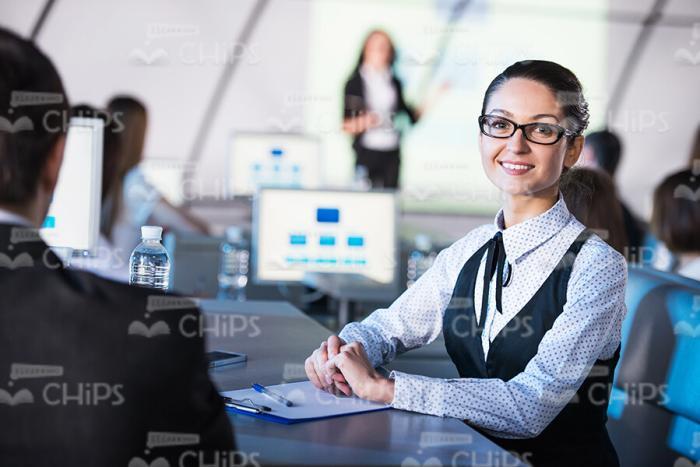 Pretty Young Girl At Presentation Stock Photo