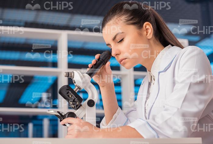 Woman Researcher Works At Lab Stock Photo