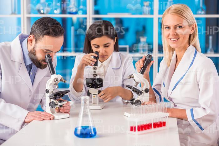 Young Female Scientist Working With Colleagues Stock Photo