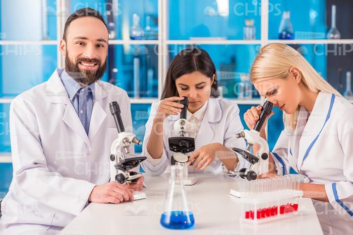 Bearded Chemist With His Colleagues Stock Photo