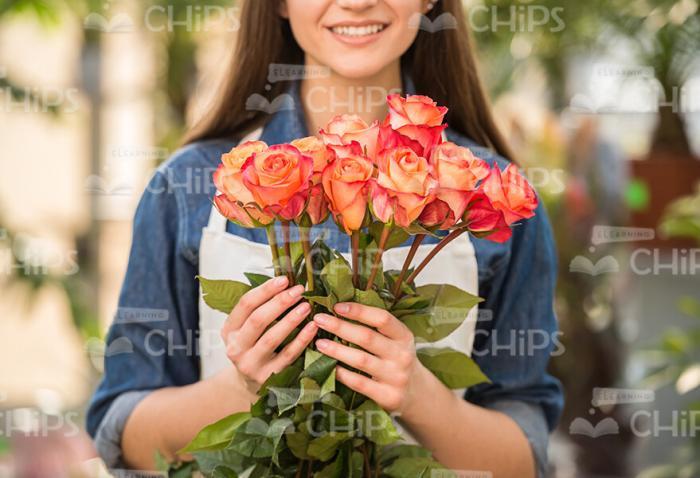 Bouquet Of Flowers In Woman's Hands Stock Photo