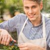 Handsome Gardener With Scissors Cuts Plant's Leaves Stock Photo