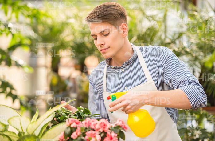 Young Man Using Atomizer Stock Photo
