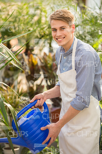 Smiling Man Watering Plants In Garden Stock Photo