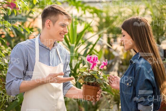 People In Garden Talking About Plant Stock Photo