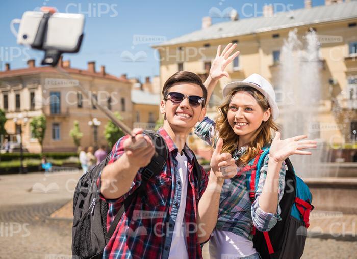 Happy Couple Of Tourists Makes Selfie Stock Photo