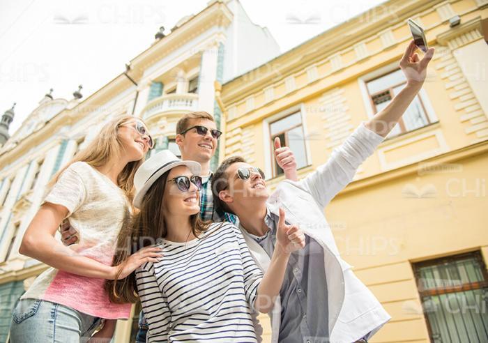 Happy Friends Making Selfie Outdoor Stock Photo