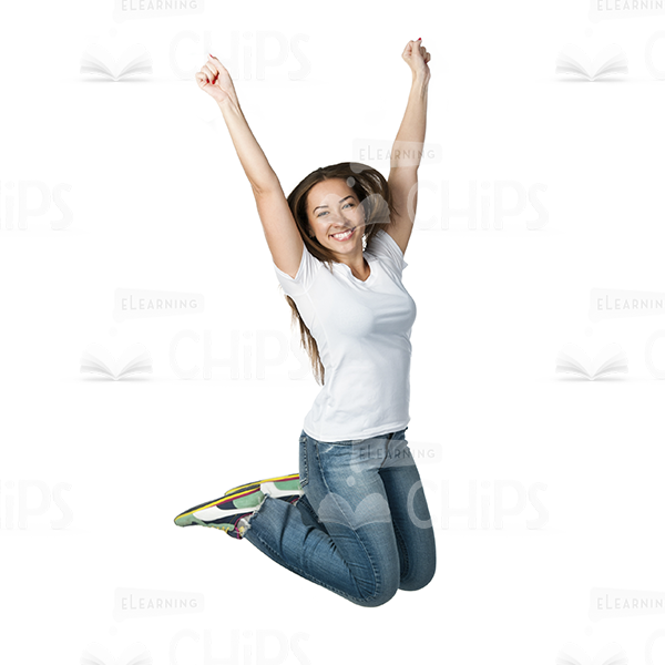 Young Woman Jumping And Throwing Hands Up Stock Photo