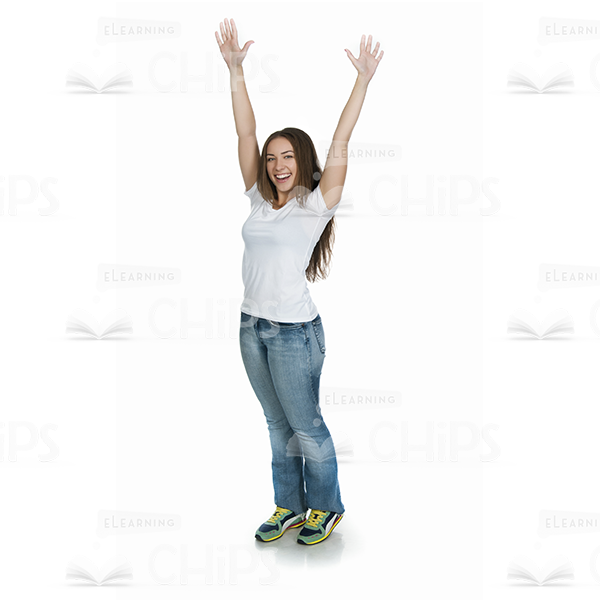 Surprised Woman Raising Hands Up Isolated On White Stock Photo