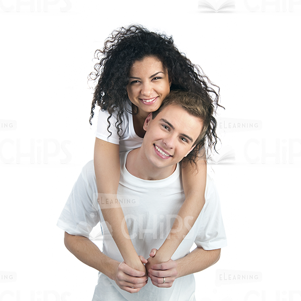 Curly Woman Hugging Young Man Stock Photo White Background