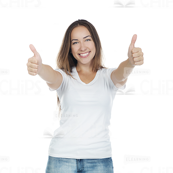 Smiling Lady Showing Her Thumbs Up Stock Photo White Background