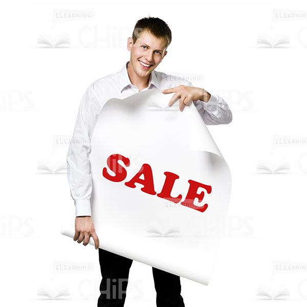 Smiling Man Holding White Poster Sale Stock Photo White Background