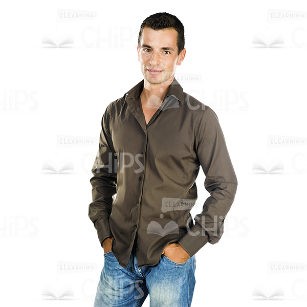 Calm Young Man Wearing Dark Grey Shirt Stock Photo Isolated On White